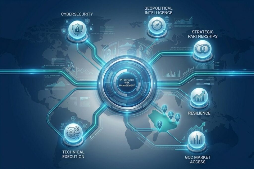 Abstract visualization of an integrated risk intelligence platform showing interconnected cybersecurity, geopolitical intelligence, technical execution, and strategic partnership networks across GCC markets, with secure digital connections, data flows, and resilience-focused analytics.